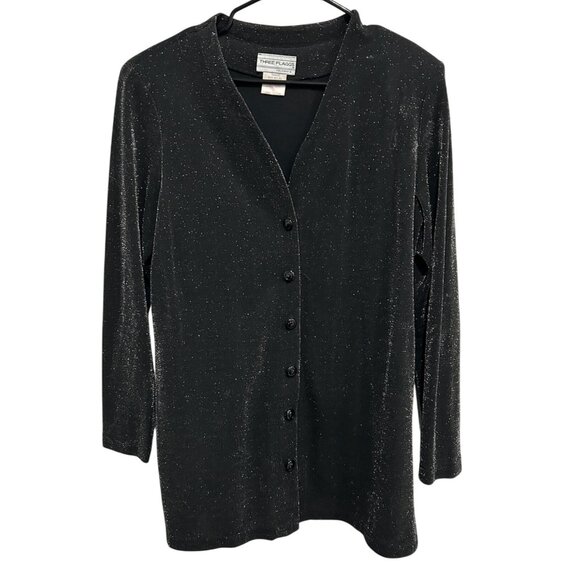Three Flaggs Black Sparkle Cardigan Metallic Knit Long Sleeve Button-Front Sz L - Picture 1 of 8